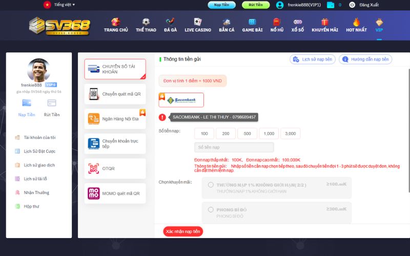Hướng dẫn chi tiết nạp tiền tại SV368 nhanh chóng, dễ dàng trong 3 phút