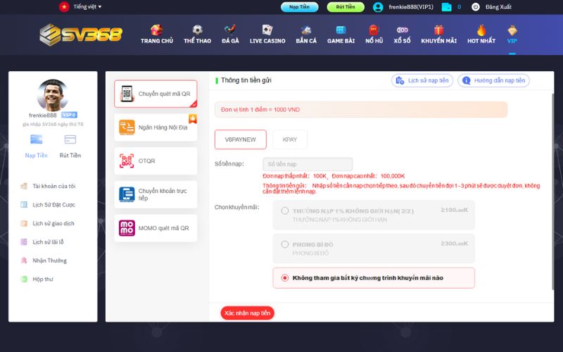 Hướng dẫn nạp tiền SV368 Online